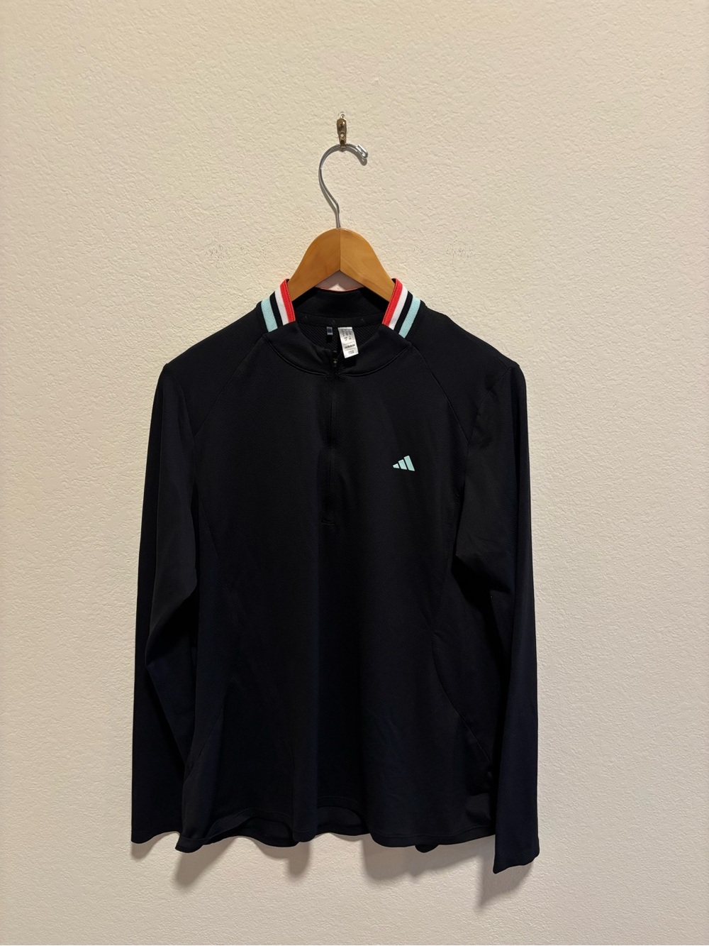 adidas women’s Black Quarter-Zip Top with Red and Teal Striped Collar